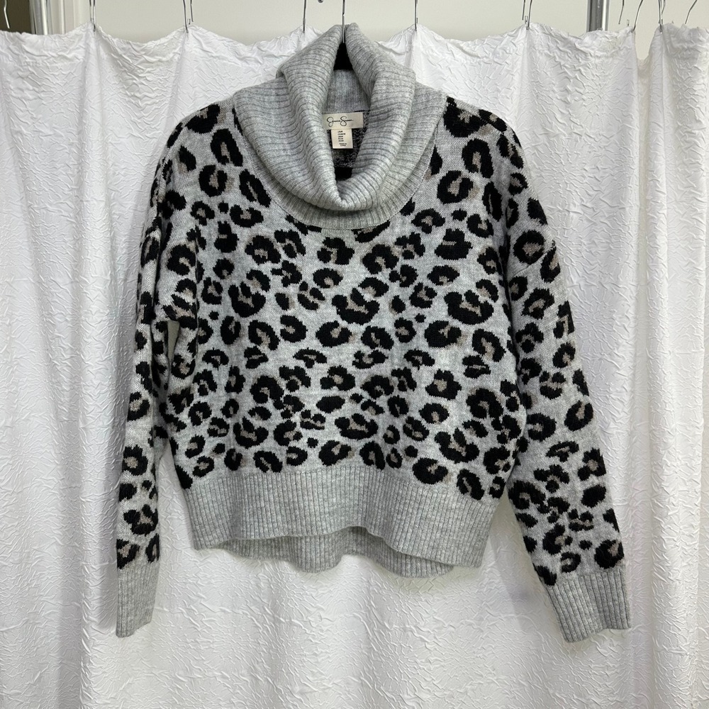 Leopard Print Sweater Cowl Neck Pullover Grey, Black, Tan Mob Wife Size M